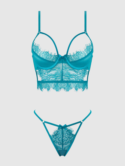 MILA EYELASH LACE STRAPPY LONGLINE BRA & TANGA SET