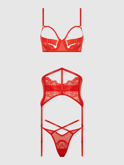 NADIA LACE & MESH BRA, GARTER & G-STRING SET
