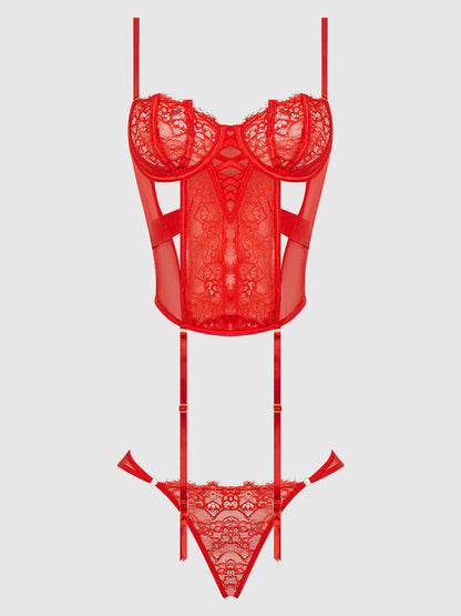 NADIA LACE & MESH CORSET & BACKLESS HIPSTER SET