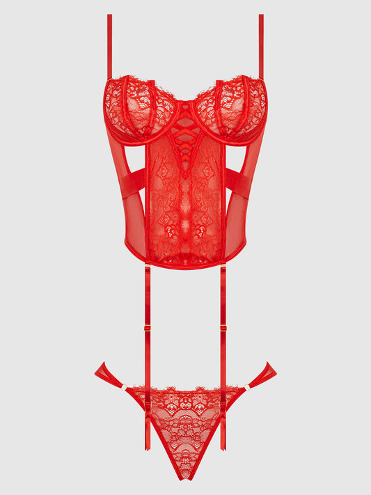 NADIA LACE & MESH CORSET & BACKLESS HIPSTER SET