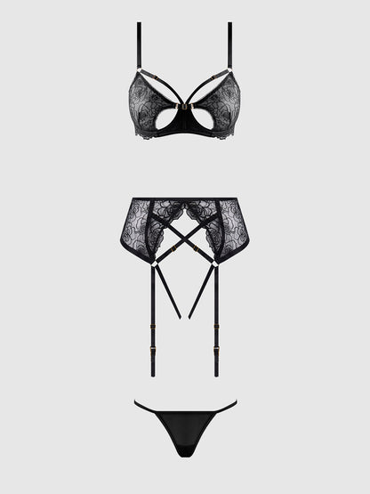 ROSALIE EMBROIDERED LACE OPEN-CUP BRA, GARTER & G-STRING SET