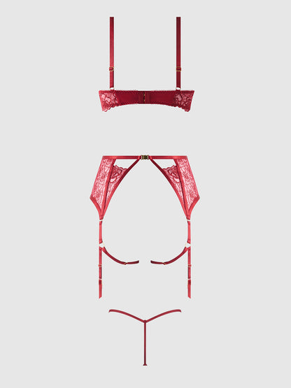 ROSALIE EMBROIDERED LACE OPEN-CUP BRA, GARTER & G-STRING SET