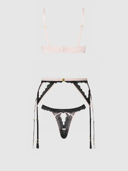 JOCELYN SATIN & LACE PUSH UP BRA, GARTER, & TANGA SET