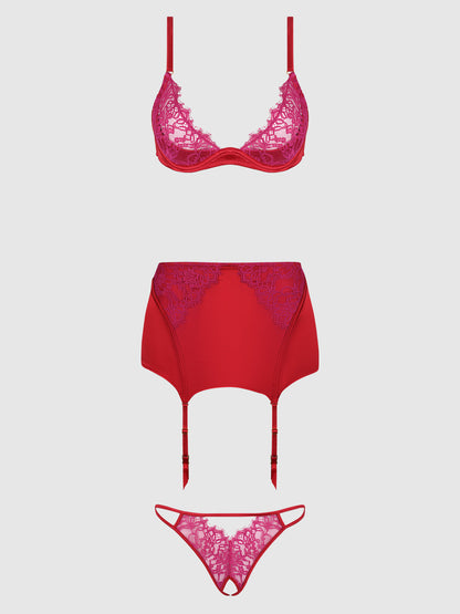JOCELYN LACE & SATIN BRA, SKIRT & CROTCHLESS G-STRING SET
