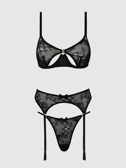 YVONE LACE OPEN CUP BRA, CROTCHLESS THONG & GARTER SET