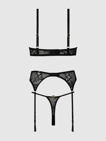 YVONE LACE OPEN CUP BRA, CROTCHLESS THONG & GARTER SET