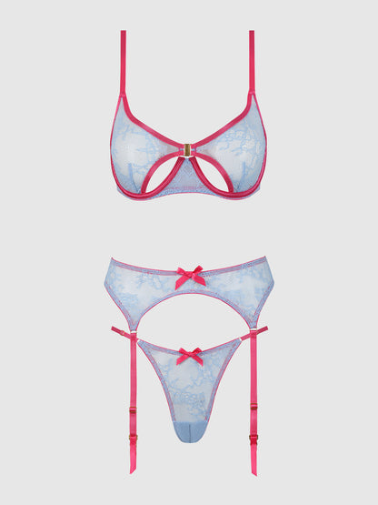 YVONE LACE OPEN CUP BRA, CROTCHLESS THONG & GARTER SET
