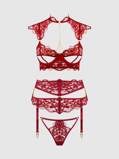 DEZI LACE & CHAIN OPEN CUP BRA, GARTER & G-STRING SET