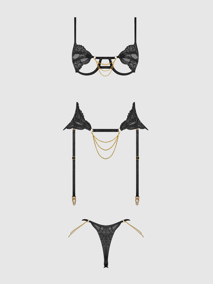 CECILY LACE & CHAIN BRA, GARTER & G-STRING SET