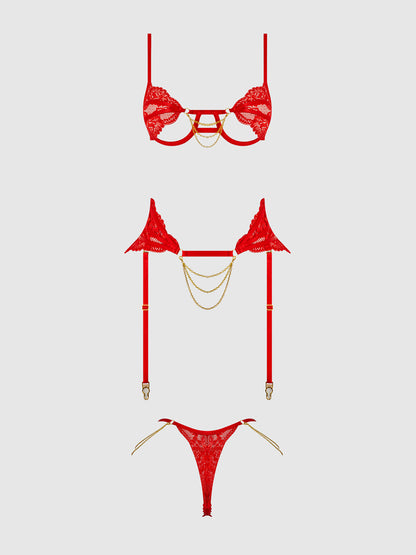 CECILY LACE & CHAIN BRA, GARTER & G-STRING SET