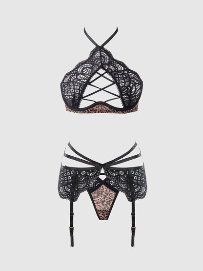 FELICIA LEOPARD MESH & LACE BRA, GARTER & G-STRING SET