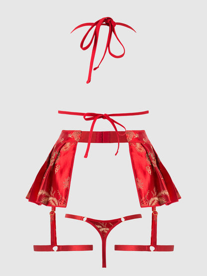 DRAGON TRIANGLE BRALETTE, SKIRTED GARTER & THONG SET