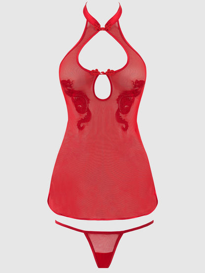 DRAGON MESH & APPLIQUE CHEMISE & G-STRING SET