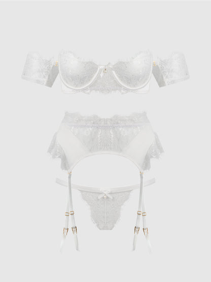 BRIDAL SATIN & LACE STRAPLESS BRA, GARTER BELT & TANGA SET