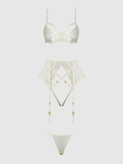 ROSALIE EMBROIDERED LACE OPEN-CUP BRA, GARTER & G-STRING SET
