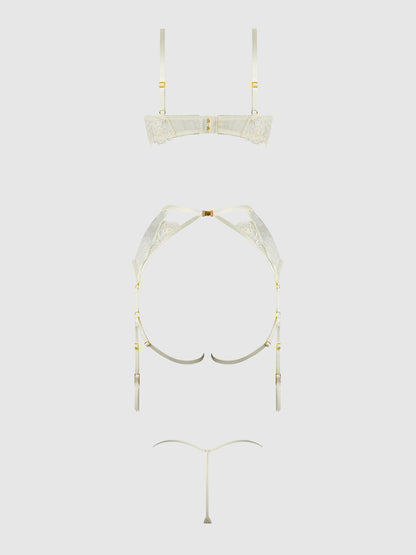 ROSALIE EMBROIDERED LACE OPEN-CUP BRA, GARTER & G-STRING SET