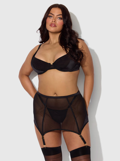 RAQUEL MESH & SILKY MICRO BRA, GARTER SKIRT & G-STRING SET