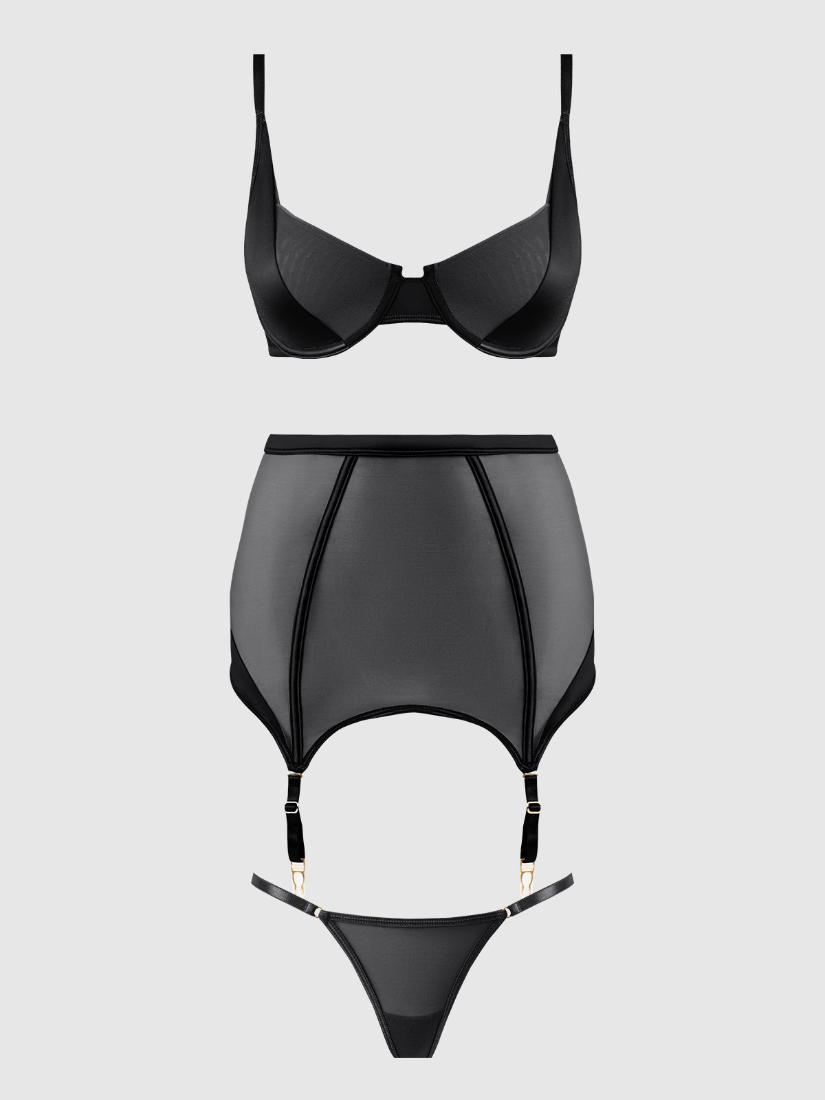 RAQUEL MESH & SILKY MICRO BRA, GARTER SKIRT & G-STRING SET