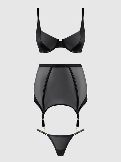 RAQUEL MESH & SILKY MICRO BRA, GARTER SKIRT & G-STRING SET
