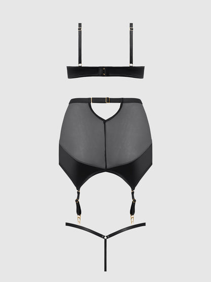 RAQUEL MESH & SILKY MICRO BRA, GARTER SKIRT & G-STRING SET