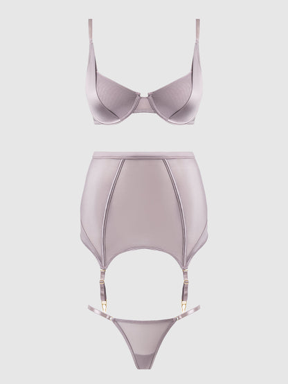 RAQUEL MESH & SILKY MICRO BRA, GARTER SKIRT & G-STRING SET