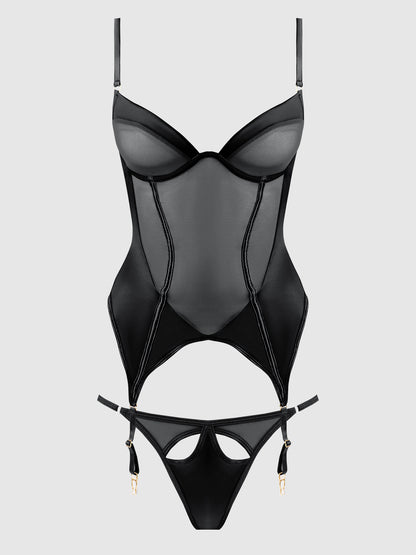 RAQUEL MESH & SILKY MICRO UNDERWIRE BUSTIER & BACKLESS TANGA SET