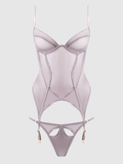 RAQUEL MESH & SILKY MICRO UNDERWIRE BUSTIER & BACKLESS TANGA SET