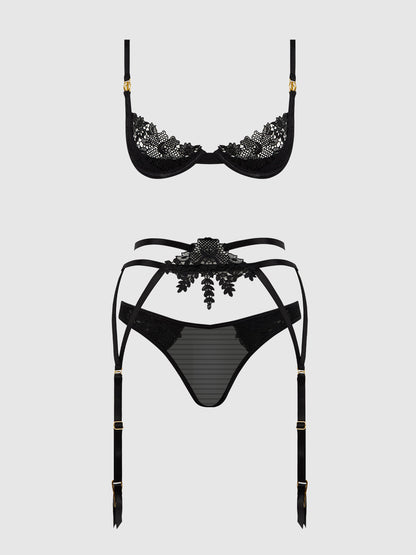 ASHLEY ALEXISS LACE DEMI BRA, BIKINI & GARTER SET