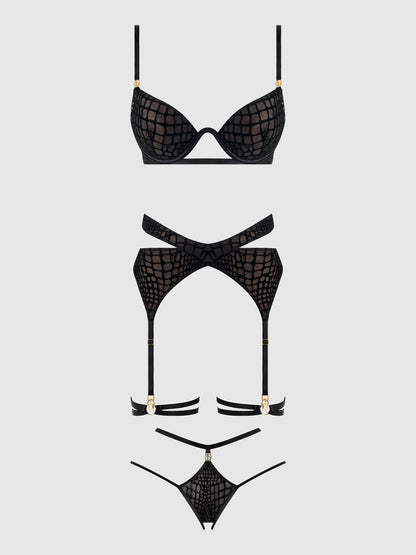 SNAKE VELVET-BURNOUT MESH BRA, GARTER, & BACKESS HIPSTER SET
