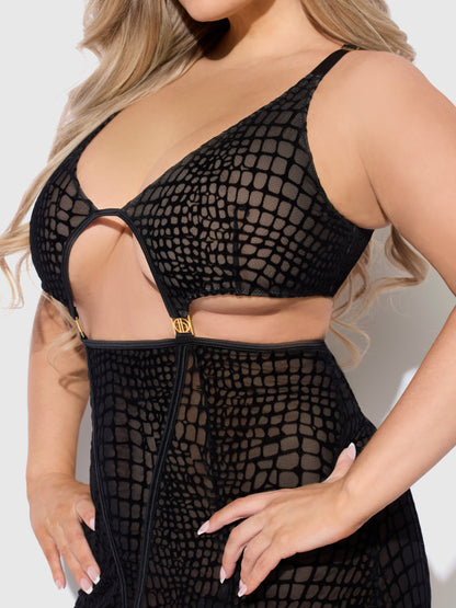 SNAKE VELVET-BURNOUT MESH CHEMISE & G-STRING SET