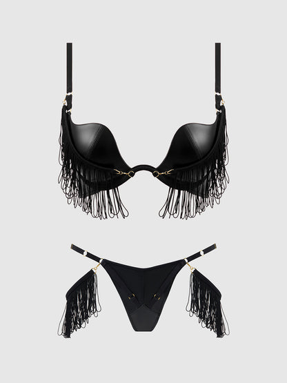 PHOENIX FAUX LEATHER & FRINGE PUSH UP BRA & THONG SET