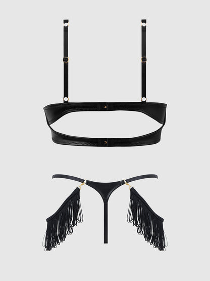 PHOENIX FAUX LEATHER & FRINGE PUSH UP BRA & THONG SET