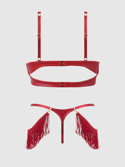PHOENIX FAUX LEATHER & FRINGE PUSH UP BRA & THONG SET
