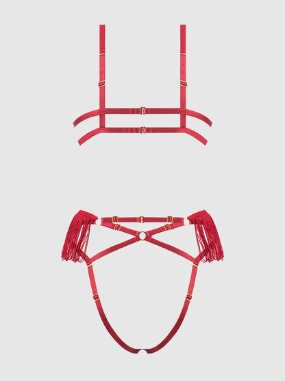 PHOENIX FAUX LEATHER & FRINGE CROTCHLESS TEDDY