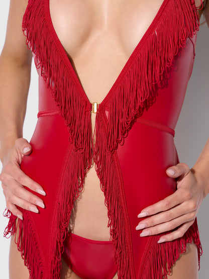 PHOENIX FAUX LEATHER & FRINGE CHEMISE & G-STRING SET