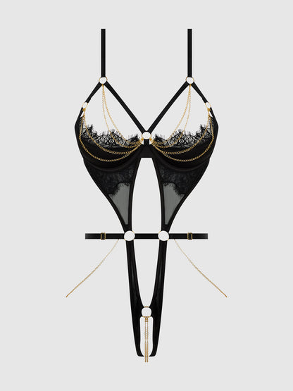 EVE LACE & CHAIN OPEN CUP & CROTCHLESS HARNESS TEDDY