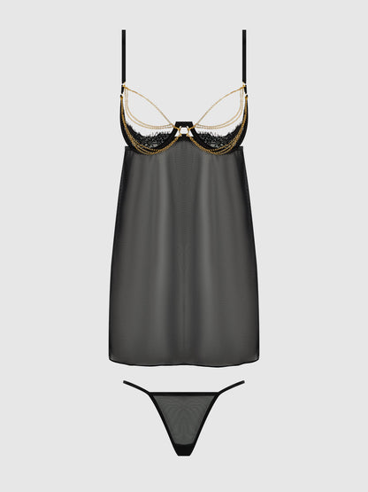 EVE LACE, CHAIN & MESH OPEN CUP BABYDOLL & G-STRING SET