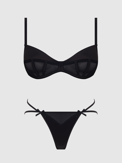 BRIGETA SATIN & MESH CORSETTED BRA & OPEN BACK HIPSTER SET