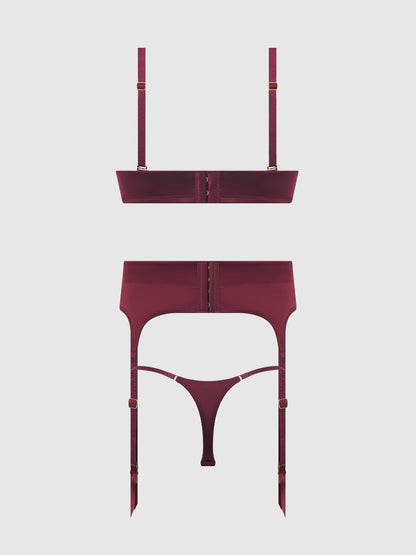 BRIGETA SATIN DEEP PLUNGE PUSH UP BRA, GARTER & THONG SET