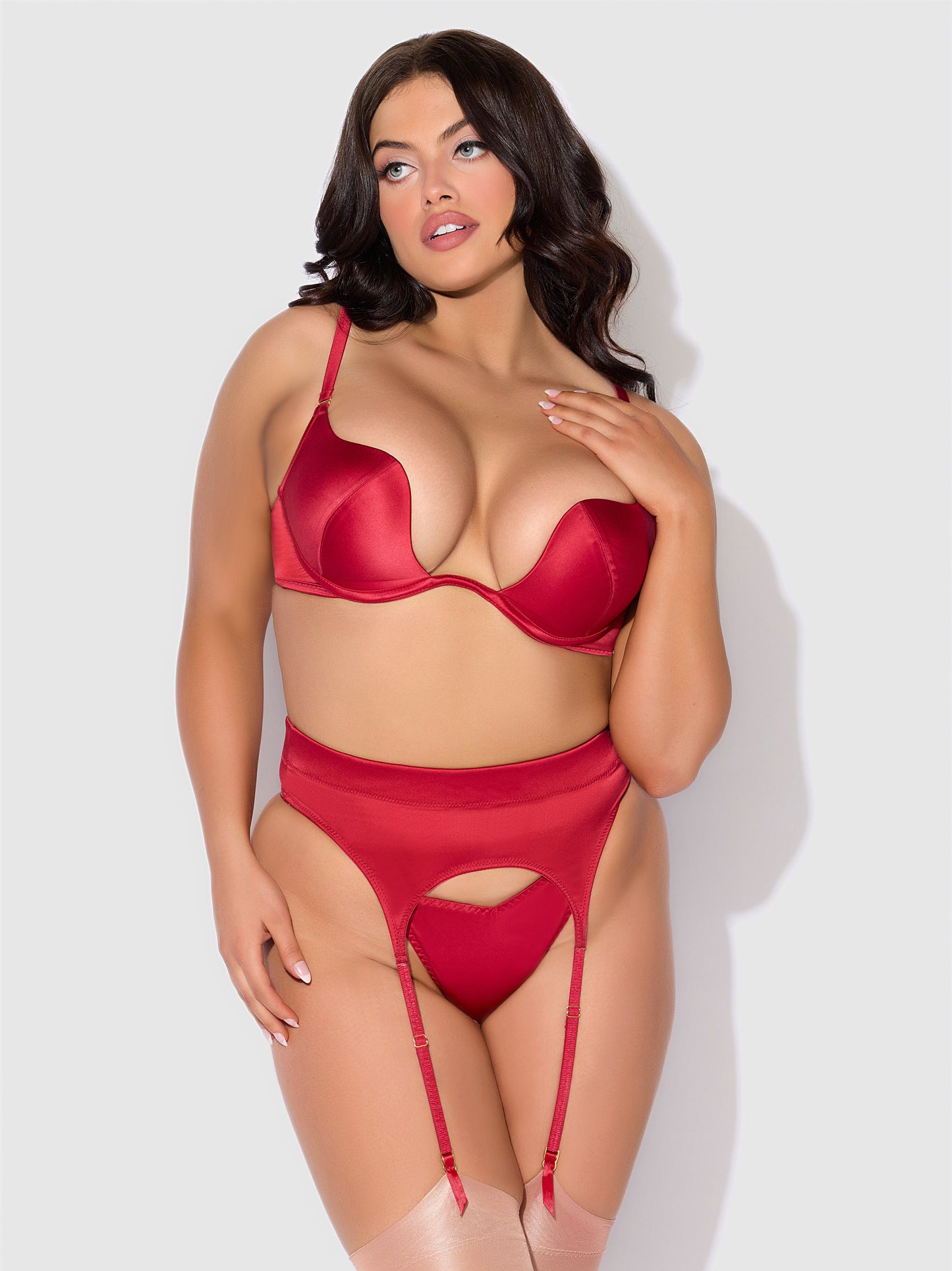 BRIGETA SATIN DEEP PLUNGE PUSH UP BRA, GARTER & THONG SET