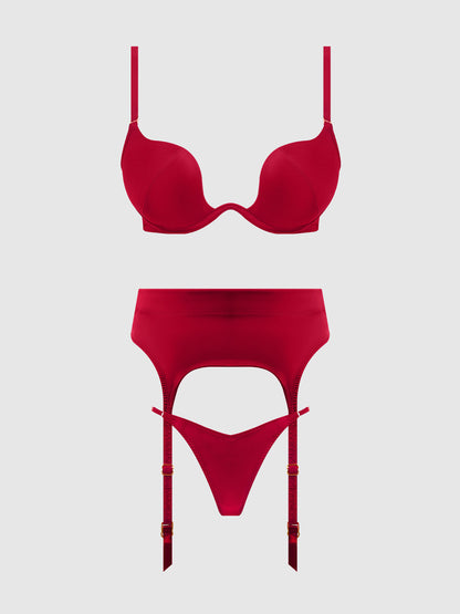 BRIGETA SATIN DEEP PLUNGE PUSH UP BRA, GARTER & THONG SET