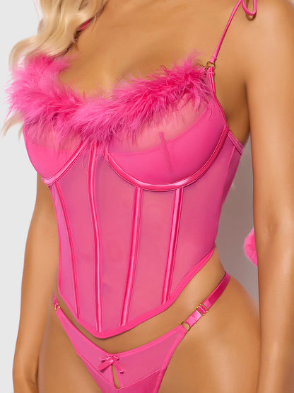 MARILYN MARABOU & MESH TIE SHOULDER BUSTIER & G-STRING SET