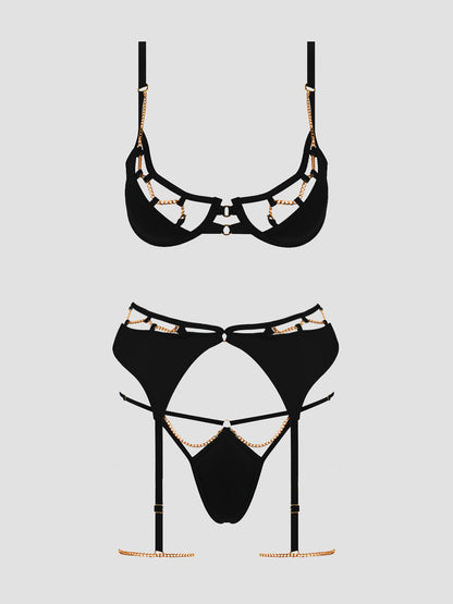 EVANGELINE SATIN & CHAIN BRA, THIGH GARTER & G-STRING SET