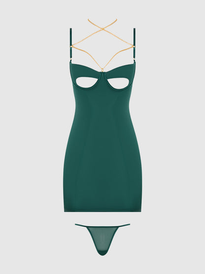 EVANGELINE SATIN & CHAIN CUTOUT CUP & OPEN BACK CHEMISE SET