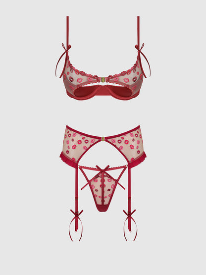 ANGELINA LIPS EMBROIDERY OPEN CUP BRA, GARTER & BOW G-STRING SET