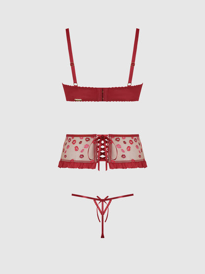 ANGELINA LIPS EMBROIDERY OPEN CUP BRA, GARTER & BOW G-STRING SET