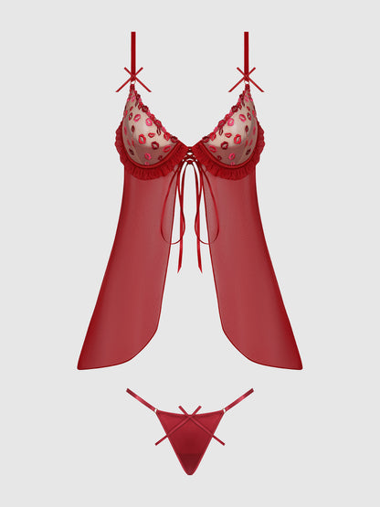 ANGELINA LIPS EMBROIDERY BABYDOLL & BOW G-STRING SET