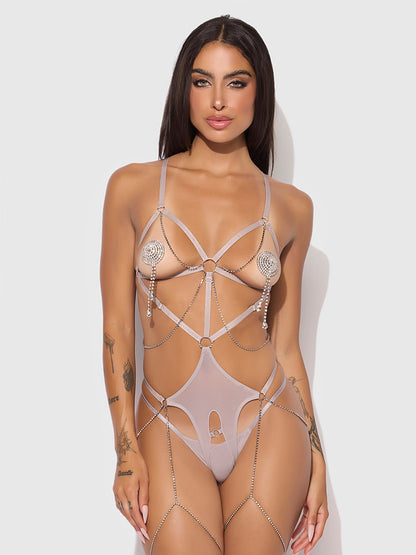 PRESLEY SHINE MESH OPEN CUP & CROTCHLESS RHINESTONE TEDDY