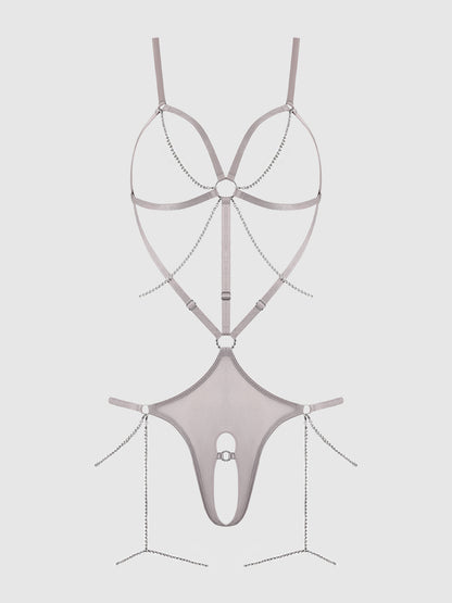 PRESLEY SHINE MESH OPEN CUP & CROTCHLESS RHINESTONE TEDDY