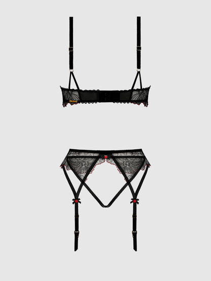 ILENA EMBROIDERED TULLE BRA, GARTER & CROTCHLESS BIKINI